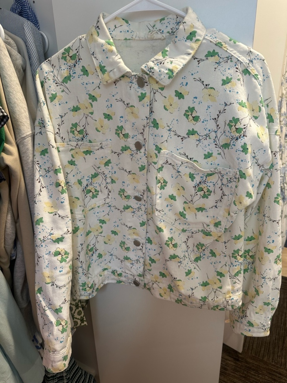 bohme Cream Floral Jean Jacket with Green & Yellow Print